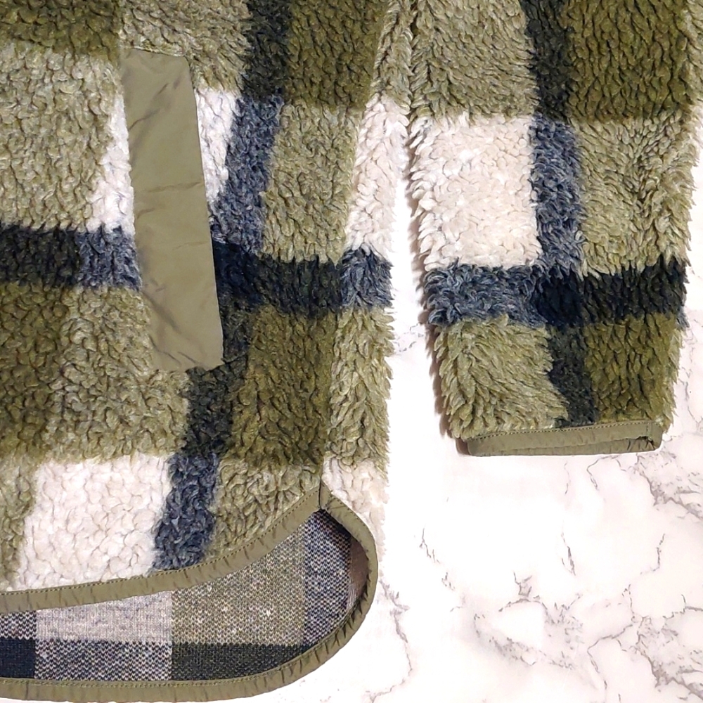 Madewell Olive Plaid Sherpa Popover Tunic Fleece Jacket, Size S - Picture 7 of 10